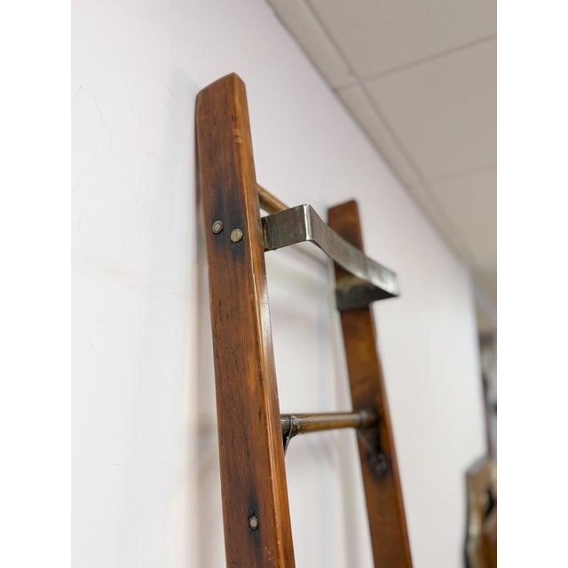 Antique Wood Metal Library Ladder 7 Rung Rolling Bookcase Ladder 82" For Sale - Image 9 of 9