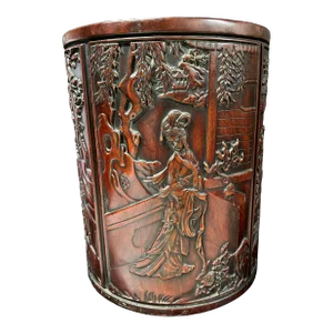 Late 20th Century Chinese Art Carved Solid Very Heavy Wood Brush Pot