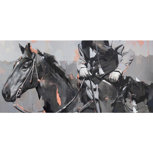 The artwork depicts a dynamic interaction between a rider and a horse, rendered in a striking palette of monochromatic...