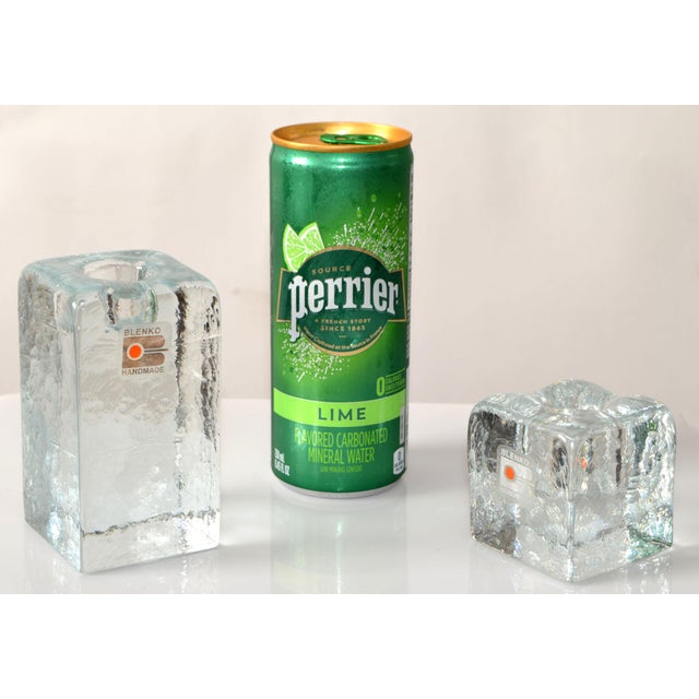 Glass 1980s Blenko Art Glass Handmade Ice Cube Diamond Candle Holders- Set of 2 For Sale - Image 7 of 12