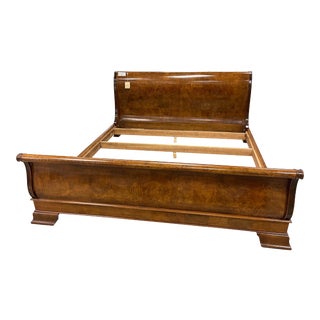 1990s Henredon Charles X Burl Wood King Sleigh Bedframe For Sale