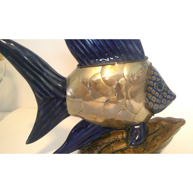 Integrated/Ceramic Pottery Fish Sculpture Brass Scale Armor Attributed to Sergio Bustamante For Sale In Dallas - Image 6 of 10