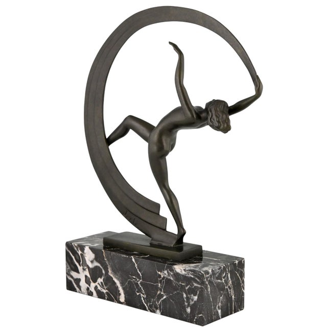 Metal Art Deco Bacchanale Nude Dancer with Scarf by Janle for Max Le Verrier, 1930 For Sale - Image 7 of 11