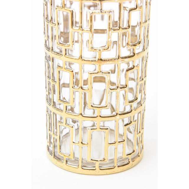 1960s Vintage Imperial Glass 22 Carat Gold Plated Greek Key Overlay Over Vase or Martini Shaker 60's Signed For Sale - Image 5 of 13