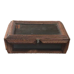 Large Antique Chip Carved Footed Tramp Art Box With Metal Slot Detail