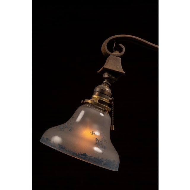 Early 20th Century Art Nouveau Ball Joint Bridge Arm Lamp With Blue Floral Lamp For Sale - Image 4 of 6