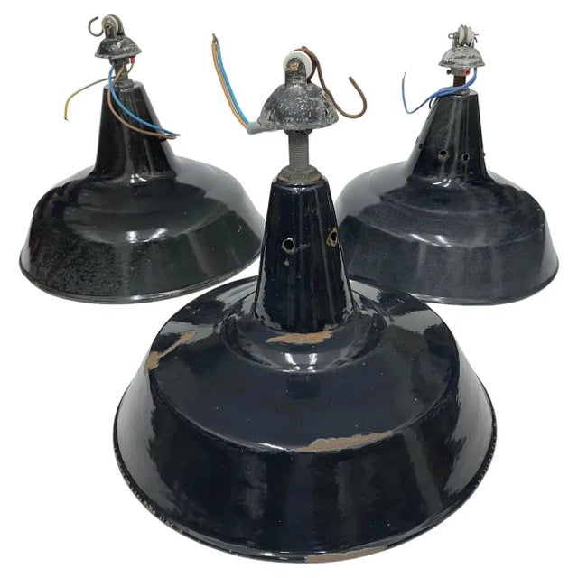 1930s Set of Three Industrial Black Painted Metal Italian Pendants For Sale - Image 13 of 13