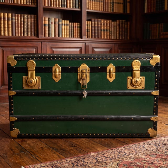 20th Century Green Wood and Metal Travel Trunk For Sale - Image 3 of 11