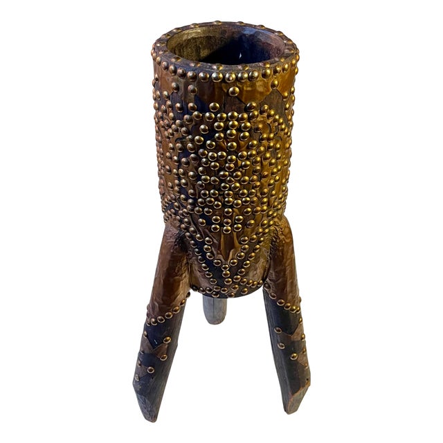 Large Vintage African Wooden Mortar and Pestle with Brass Rivets, 1970s, Set of 2 For Sale