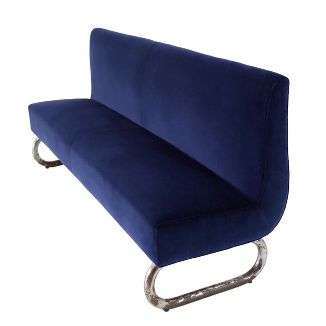 Sofas with chromed tubular steel feet. Upholstery completely redone. Slightly worn foot. New velvet. Both sofas have the...