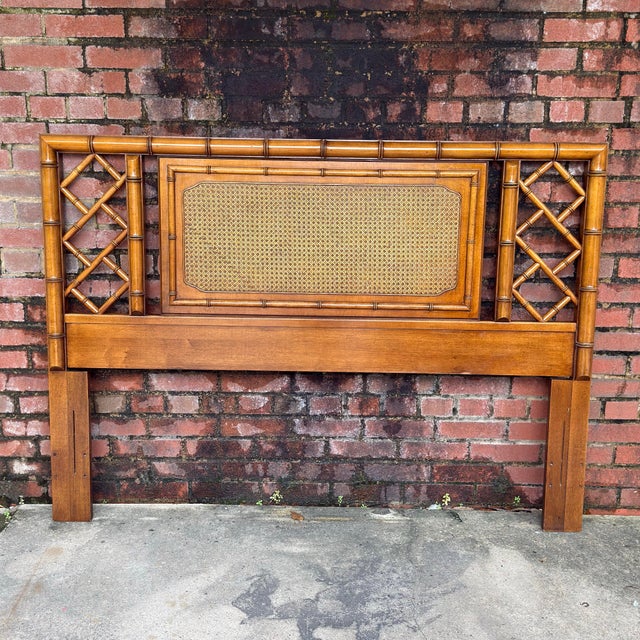 Mid-Century Modern Mid-Century Palm Beach Regency Faux Bamboo and Cane Queen Headboard Attributed to Dixie - Tahiti Collection For Sale - Image 3 of 16