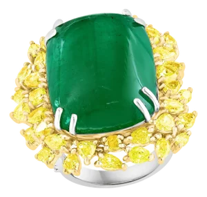 27.89 Ct Natural Colombian Emerald Cabochon & 5.73 Ct Yellow Diamond Ring 18 Kt, Size 6