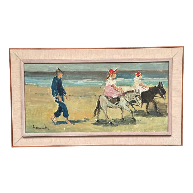 Tage Gavik, Children on Donkeys at the Beach, 1960s, Oil Painting on Canvas, Framed For Sale