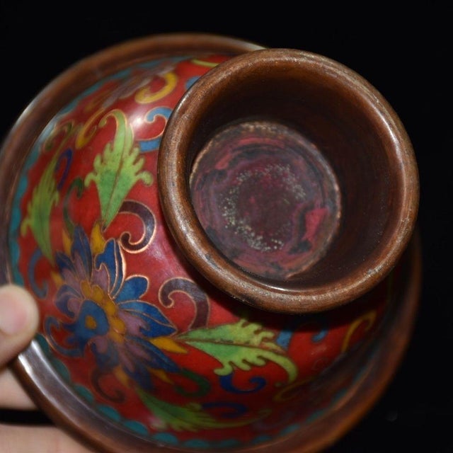 Red Cloisonne Enamel Stemmed Bowl, Copper Wire Inlaid Floral Pattern For Sale - Image 8 of 9