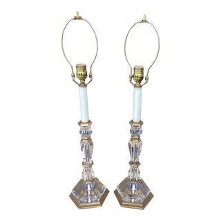 Vintage Pair of Glass and Brass Candlestick Lamps For Sale