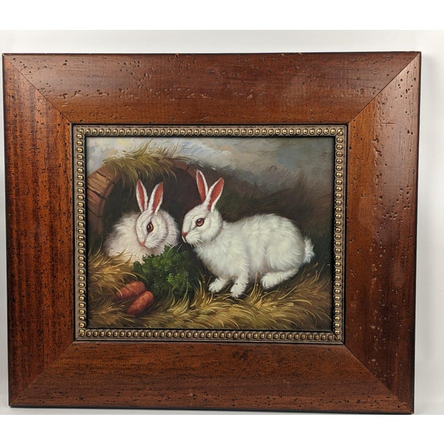 Vintage Rabbit Oil Painting in Brown, Cream & Green With Carved Gilt Wood Frame For Sale - Image 4 of 14