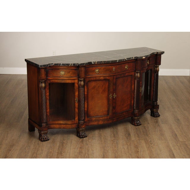 High Quality Portoro Marble Top Mahogany Sideboard Server with Pair of Glass Cabinet Doors and Dovetailed Drawers, Spiral...