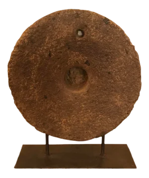 Antique 1800's Grinding Millstone Sculpture Mounted on Custom Black Iron
