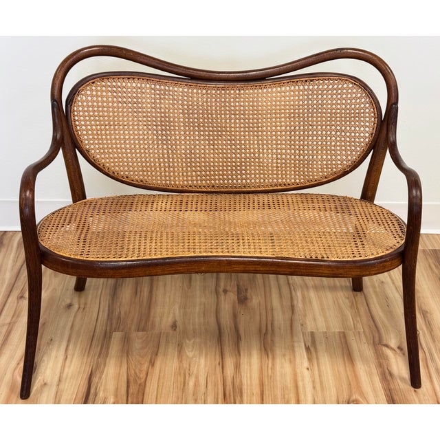 Charming vintage Thonet style child size bentwood caned seat bench. Wonderful curved arms and back. Natural wood finish....