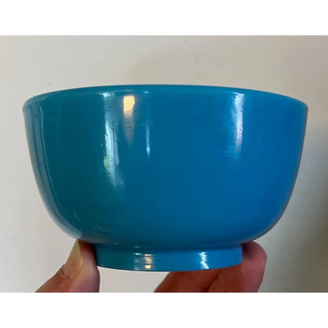 Antique 19th century bright peacock blue Peking glass footed bowl. Measures 4 1/8" diameter x 2 1/8" tall. Good condition...