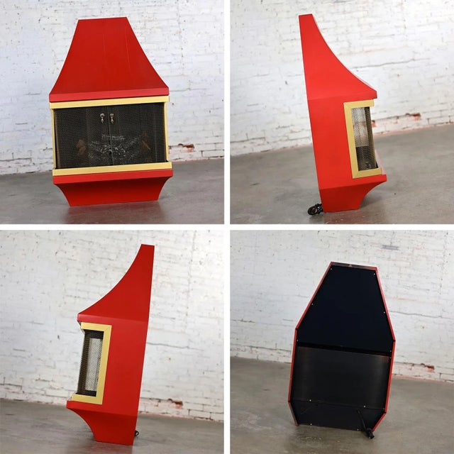 Metal 1960’s Mid-Century Modern Electric Wall Fireplace Orange With Gold Tone Trim Attributed to Montgomery Ward Style House For Sale - Image 7 of 12