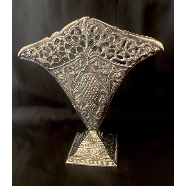 Vintage Ornate Fan Vase, Art Nouveau-Style Scrollwork, a Reticulated Top Edge, and a Central Pineapple Motif. For Sale - Image 14 of 15