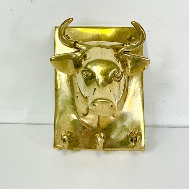 Mid-Century Boho Chic Farmhouse SoutwesternBrass Bull Wall Hooks - 3 Small Key, 1 Large Hook For Sale - Image 4 of 9
