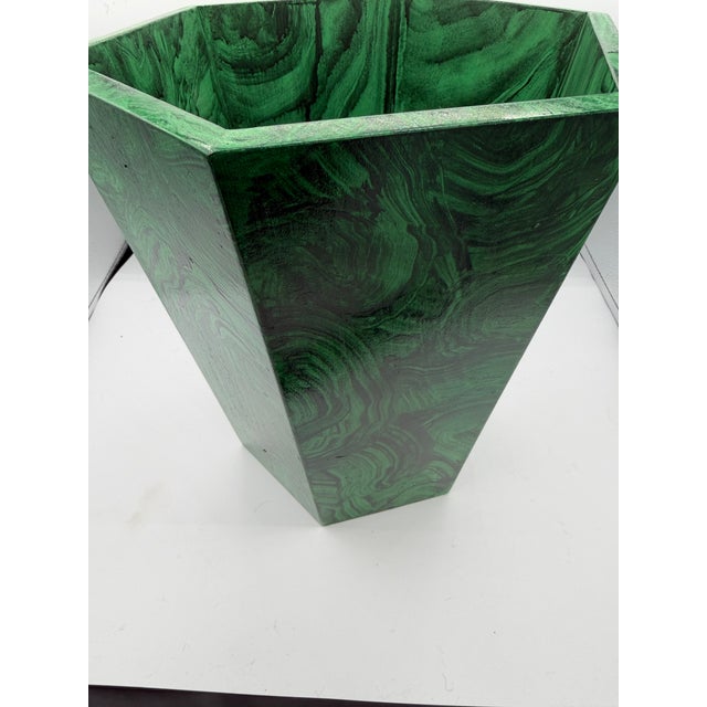 Handmade Handpainted Hexagonal Wooden Wastebasket Faux Malachite Green For Sale - Image 9 of 12