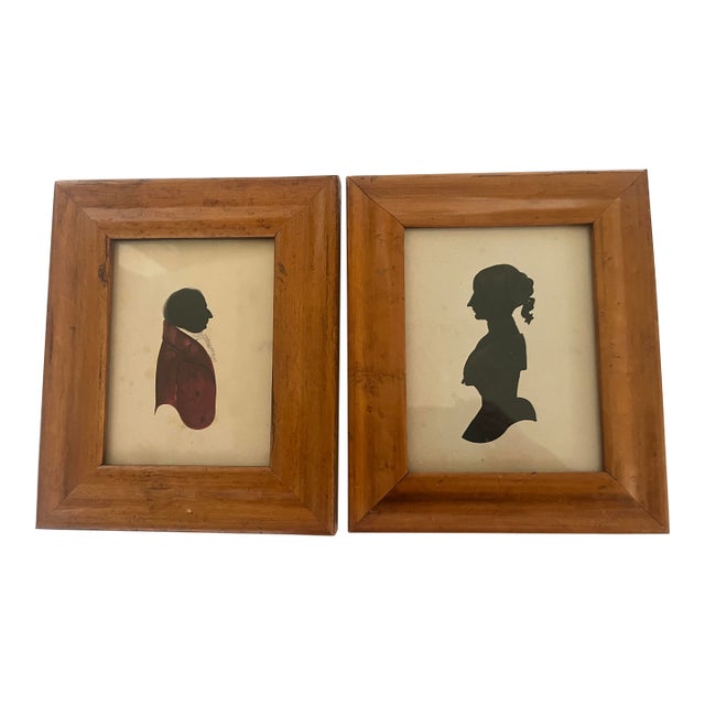 Pair of 19th Century Hand Painted Silhouettes in Original Maple Frames For Sale