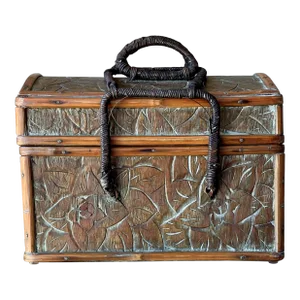Late 20th-Century Incised Wood Carved Decorative Storage "Basket" Box With Double Interlocking Handles