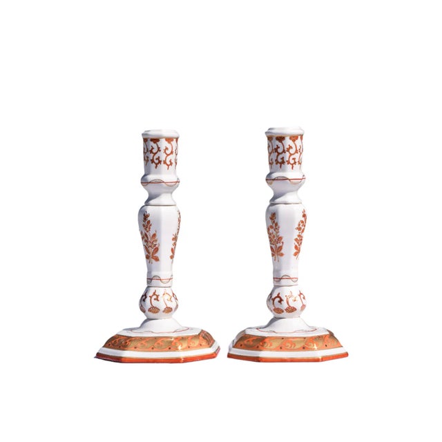Chinoiserie Pair of Italian Porcelain Candlesticks, Iron-Red and Gilt For Sale - Image 3 of 13