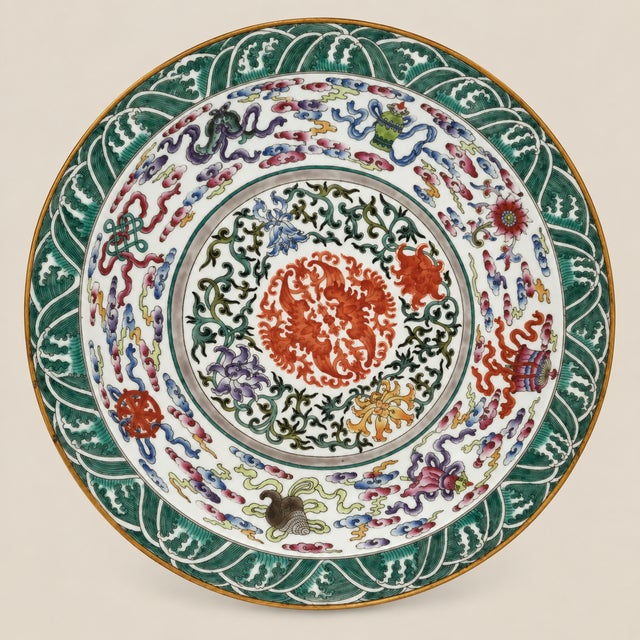 Turquoise Antique Chinese Porcelain 'Phoenix and Buddhist Emblems' Charger For Sale - Image 8 of 9