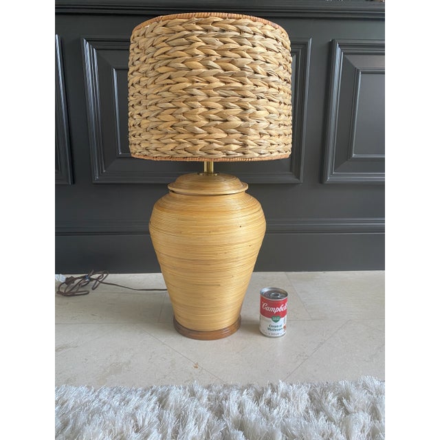 Terrific Coiled Rattan Table Lamp in the Style of Gabriella Crespi. Dating to the 1970’s. Lamp body covered entirely in...