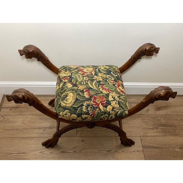Rare French Victorian Walnut X-Frame Window Seat Stool With Hand-Carved Hunting Dog Finials, Jacobean Revival, Late 19th Century For Sale - Image 4 of 14