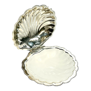 Vintage English Silver Plate Shell Caviar Dish With Glass Liner, Coastal Regency Style