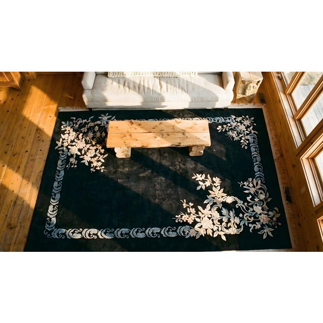 Black 1930s Antique Black Color Minimalist Open Field Chinese Art Deco Rug For Sale - Image 8 of 9