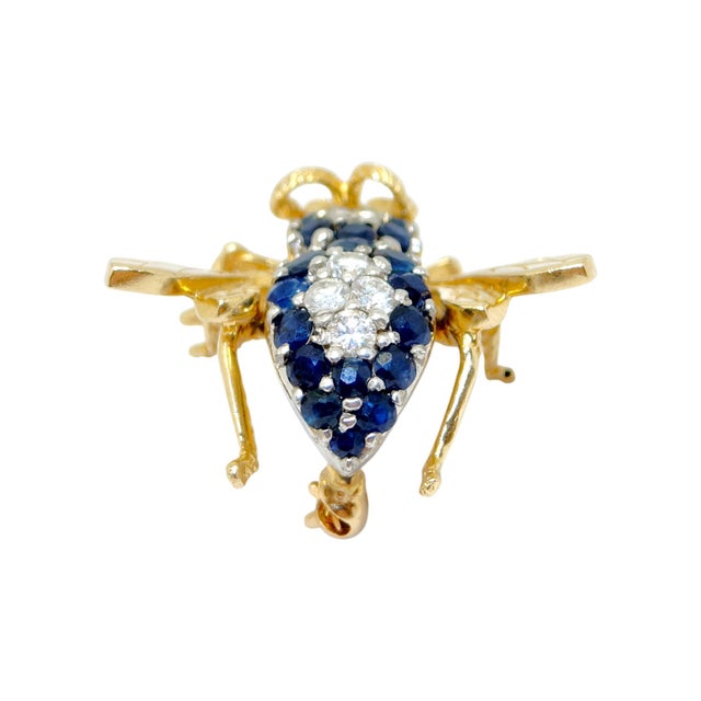 Metal Vintage 14k Yellow Gold Sapphire & Diamond Fly Brooch For Sale - Image 7 of 11