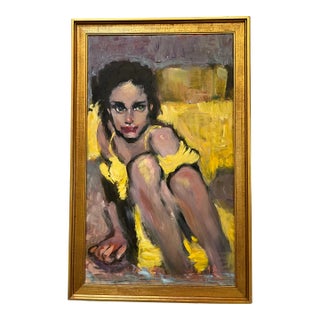 Expressionist Portrait in Yellow, Oil Painting, Gold Framed For Sale