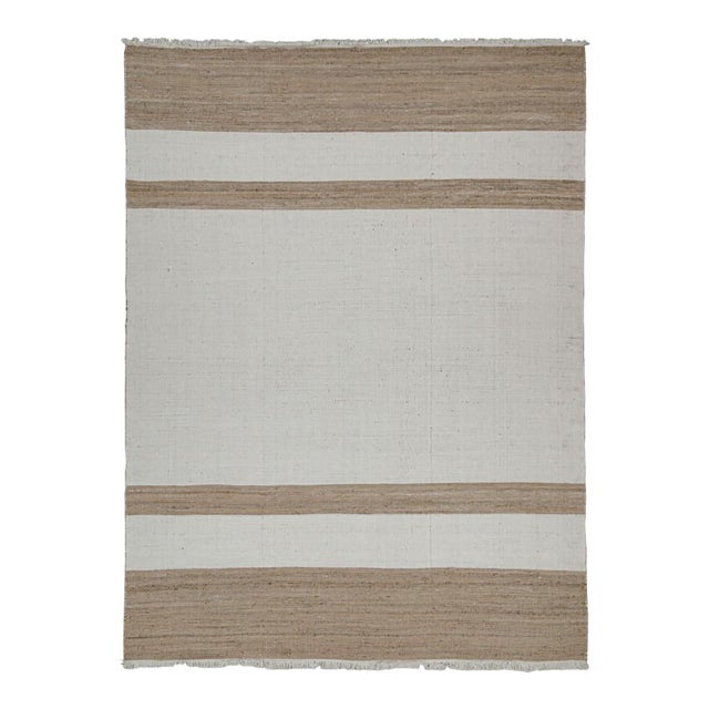 Rug & Kilim’s Contemporary Jute Flat Weave in White and Beige-Brown Stripes For Sale