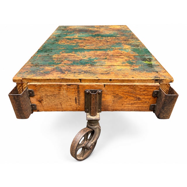 Early 20th Century Early 20th Century Globe Vise & Truck Co. Industrial Original Patina Green Oak Factory Cart For Sale - Image 5 of 18