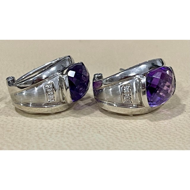 Gemstone 6 Carat Amethyst and Diamond 14 Karat White Gold Earrings, Omega Back For Sale - Image 7 of 18