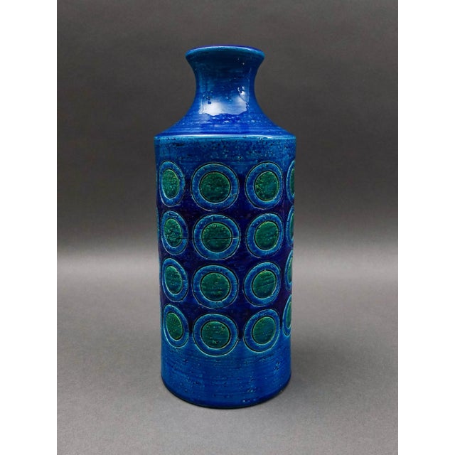 Bitossi Italy Aldo Londi Rimini Mid Century Modern Blue Glazed Circles Art Pottery Vase. Measures approximately 5 1/8"...