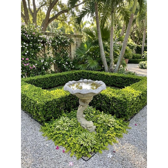 Stone Vintage Scalloped Cast Stone Dolphin Birdbath For Sale - Image 7 of 11