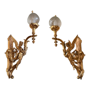 Pair of 19th Century Antique French Gilt Bronze Angel Wall Sconces
