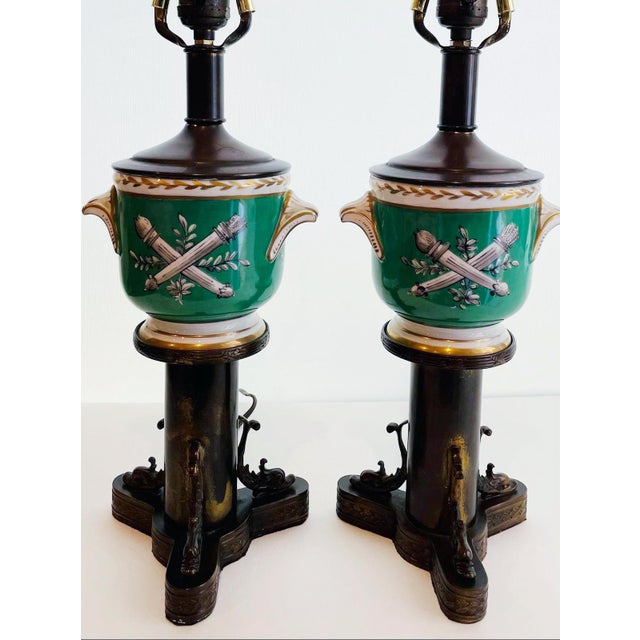 1920s Art Nouveau Porcelain Jardinieres Table Lamps Decorated Bronze Dolphins For Sale - Image 11 of 14