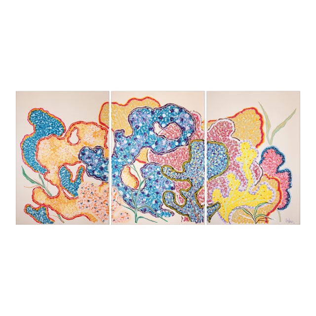 2025, Large Coastal Triptych, Coral Forest, Organic Forms, Illustration Style Gouache Crayon on Watercolor Paper by Romina Milano For Sale