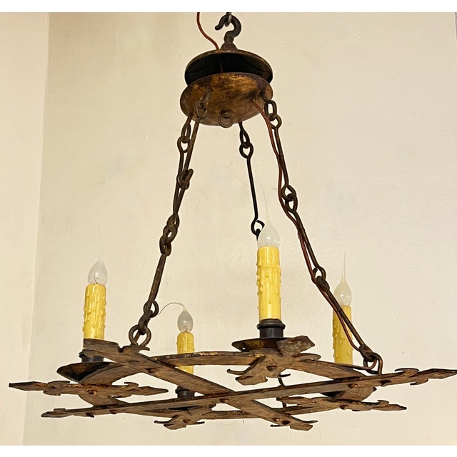 Spanish Revival Hand Forged Gilt Iron 4 Lite Chandelier- Circa 1930 For Sale - Image 4 of 11