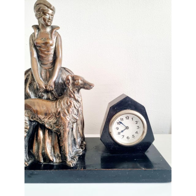 Metal Table Clock with Copper Plated Lady with Greyhound Sculpture from Enrico Lazzar, Italy, 1910s For Sale - Image 7 of 11
