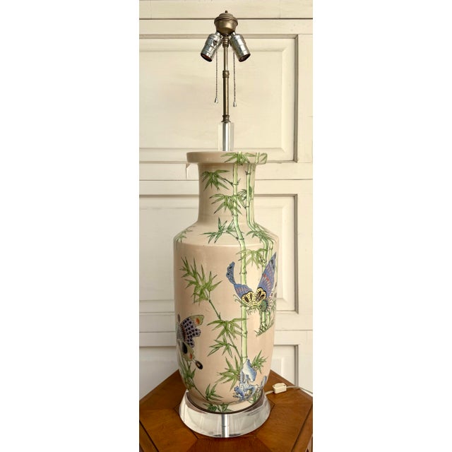 Metal Vintage Hand-Painted Chinoiserie Butterfly Porcelain Table Lamp on Lucite Base For Sale - Image 7 of 12