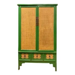 1980s Asian Rattan Inlaid Tall Cabinet in Green